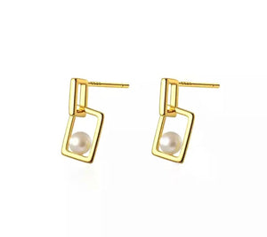 Gold Vermeil Square Dangle Pearl Earrings